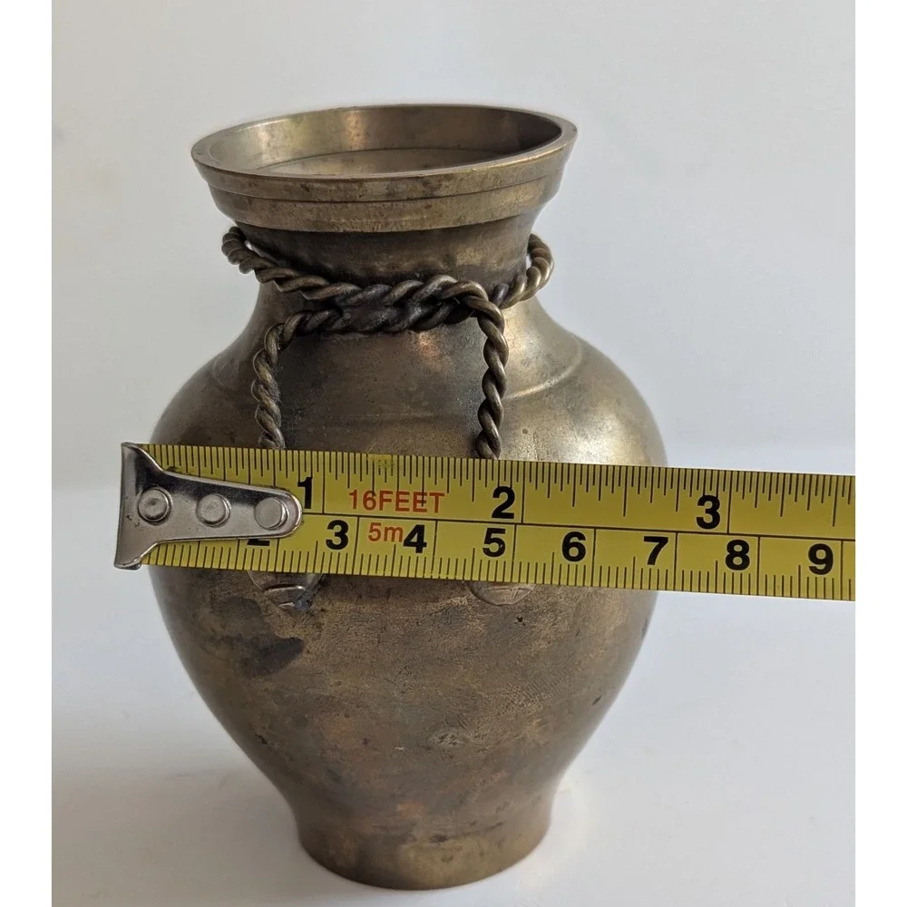 Vintage Brass Bud Vase with Twisted Rope Accent and Sphere Finials Patina 4.75